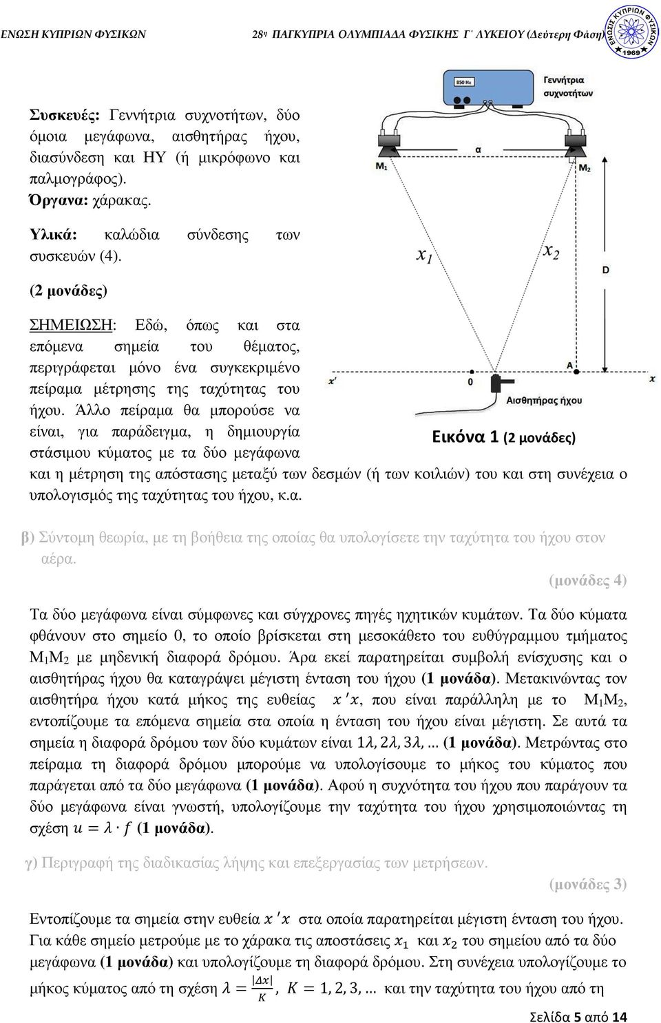 Άλλο πείραµα θα µπορούσε να είναι, για παράδειγµα, η δηµιουργία Εικόνα 1 (2 μονάδες) στάσιµου κύµατος µε τα δύο µεγάφωνα και η µέτρηση της απόστασης µεταξύ των δεσµών (ή των κοιλιών) του και στη