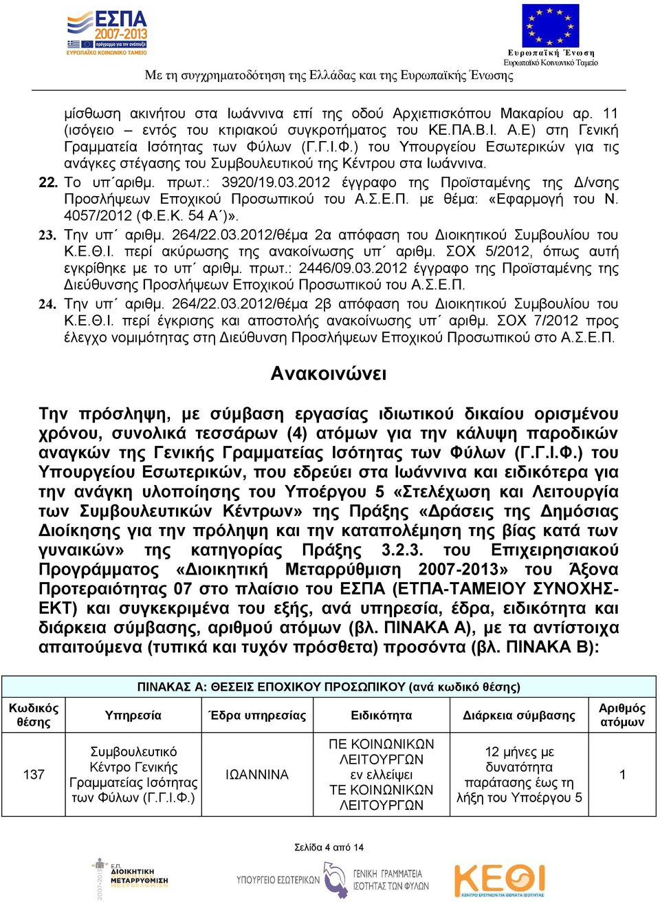 2012 έγγραφο της Προϊσταμένης της Δ/νσης Προσλήψεων Εποχικού Προσωπικού του Α.Σ.Ε.Π. με θέμα: «Εφαρμογή του Ν. 4057/2012 (Φ.Ε.Κ. 54 Α )». 23. Την υπ αριθμ. 264/22.03.