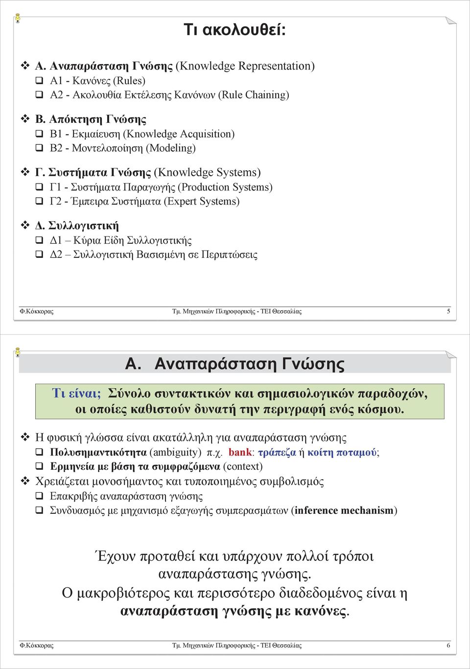 Συστήματα Γνώσης (Knowledge Systems) Γ1 - Συστήματα Παραγωγής (Production Systems) Γ2 - Έμπειρα Συστήματα (Expert Systems) Δ.