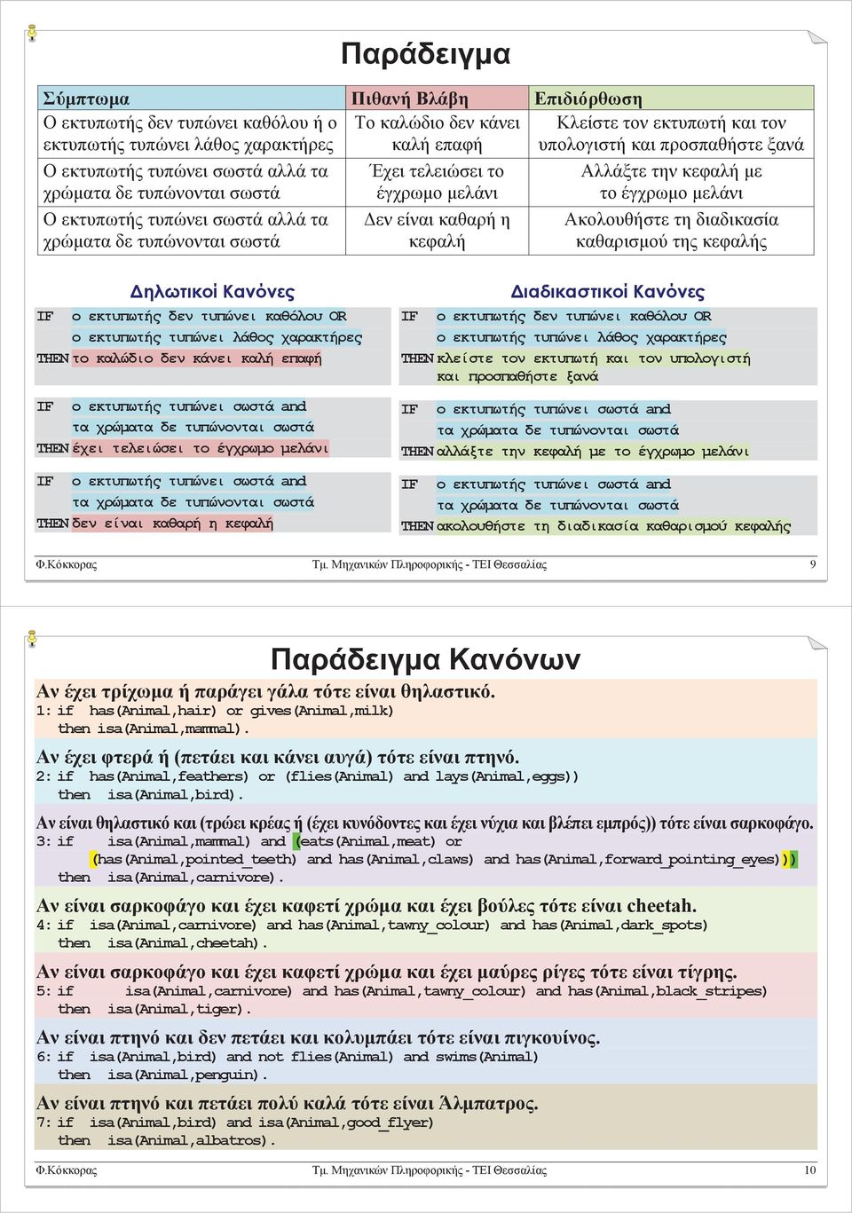 Αλλάξτε την κεφαλή με το έγχρωμο μελάνι Ακολουθήστε τη διαδικασία καθαρισμού της κεφαλής Δηλωτικοί Κανόνες IF ο εκτυπωτής δεν τυπώνει καθόλου OR ο εκτυπωτής τυπώνει λάθος χαρακτήρες THEN το καλώδιο