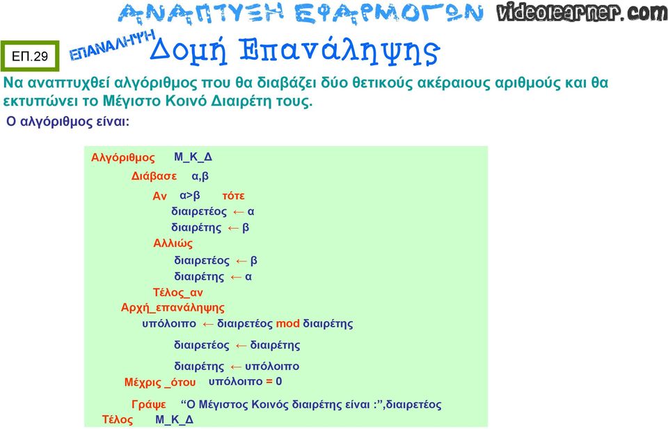 Ο αλγόριθμος είναι: Διάβασε Μ_Κ_Δ α,β Αν α>β τότε διαιρετέος α διαιρέτης β Αλλιώς διαιρετέος β