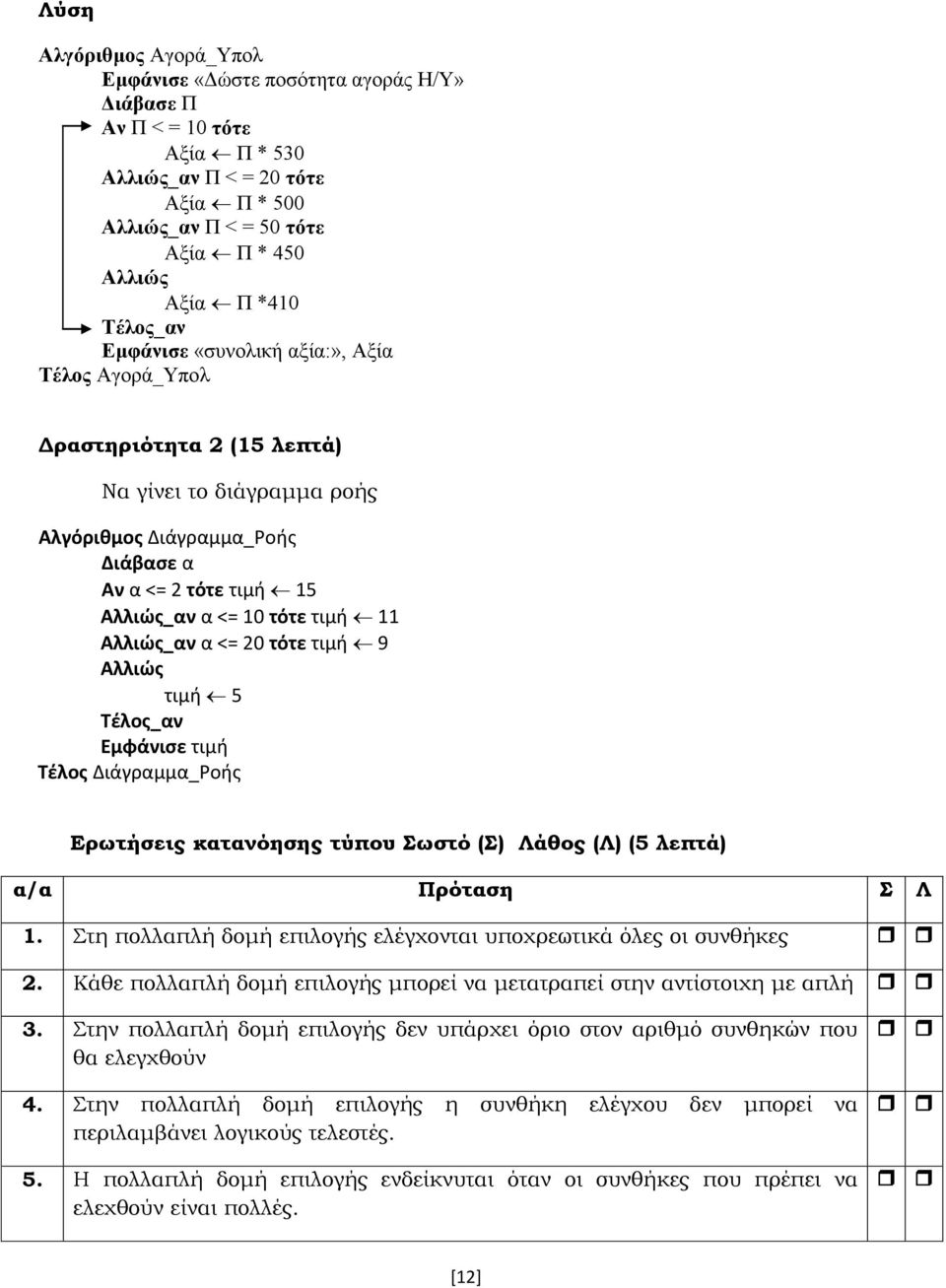 11 Αλλιώσ_αν α <= 20 τότε τιμή 9 Αλλιώσ τιμή 5 Τέλοσ_αν Εμφάνιςε τιμή Τέλοσ Διάγραμμα_Ροήσ Ερωτήσεις κατανόησης τύπου ωστό () Λάθος (Λ) (5 λεπτά) α/α Πρόταση Λ 1.