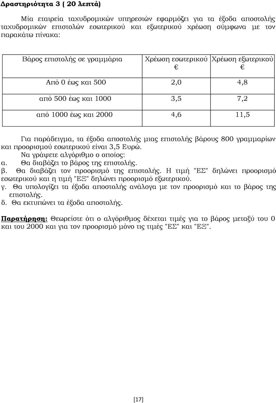 βάρους 800 γραμμαρίων και προορισμού εσωτερικού είναι 3,5 Ευρώ. Να γράψετε αλγόριθμο ο οποίος: α. Θα διαβάζει το βάρος της επιστολής. β. Θα διαβάζει τον προορισμό της επιστολής.