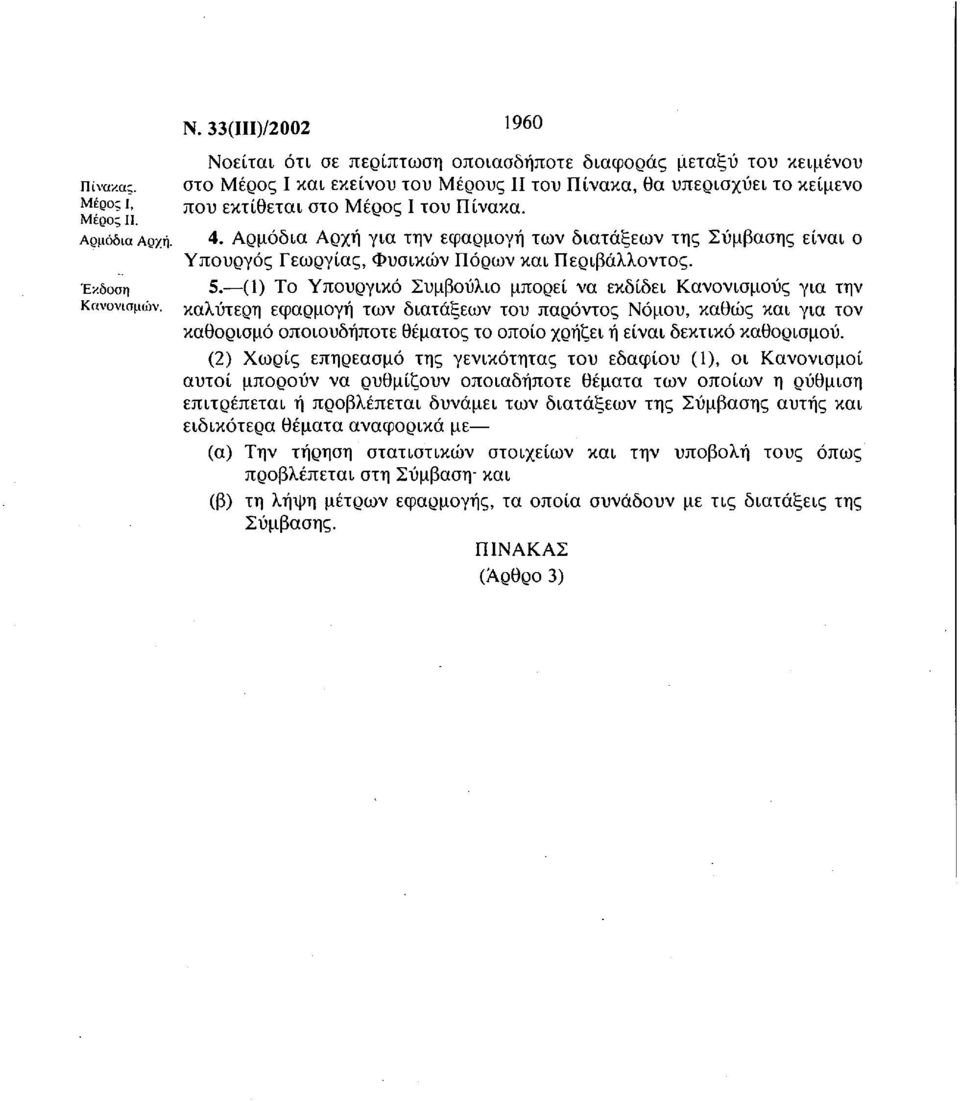 Αρμόδια Αρχή για την εφαρμογή των διατάξεων της Σύμβασης είναι ο Υπουργός Γεωργίας, Φυσικών Πόρων και Περιβάλλοντος. 5.