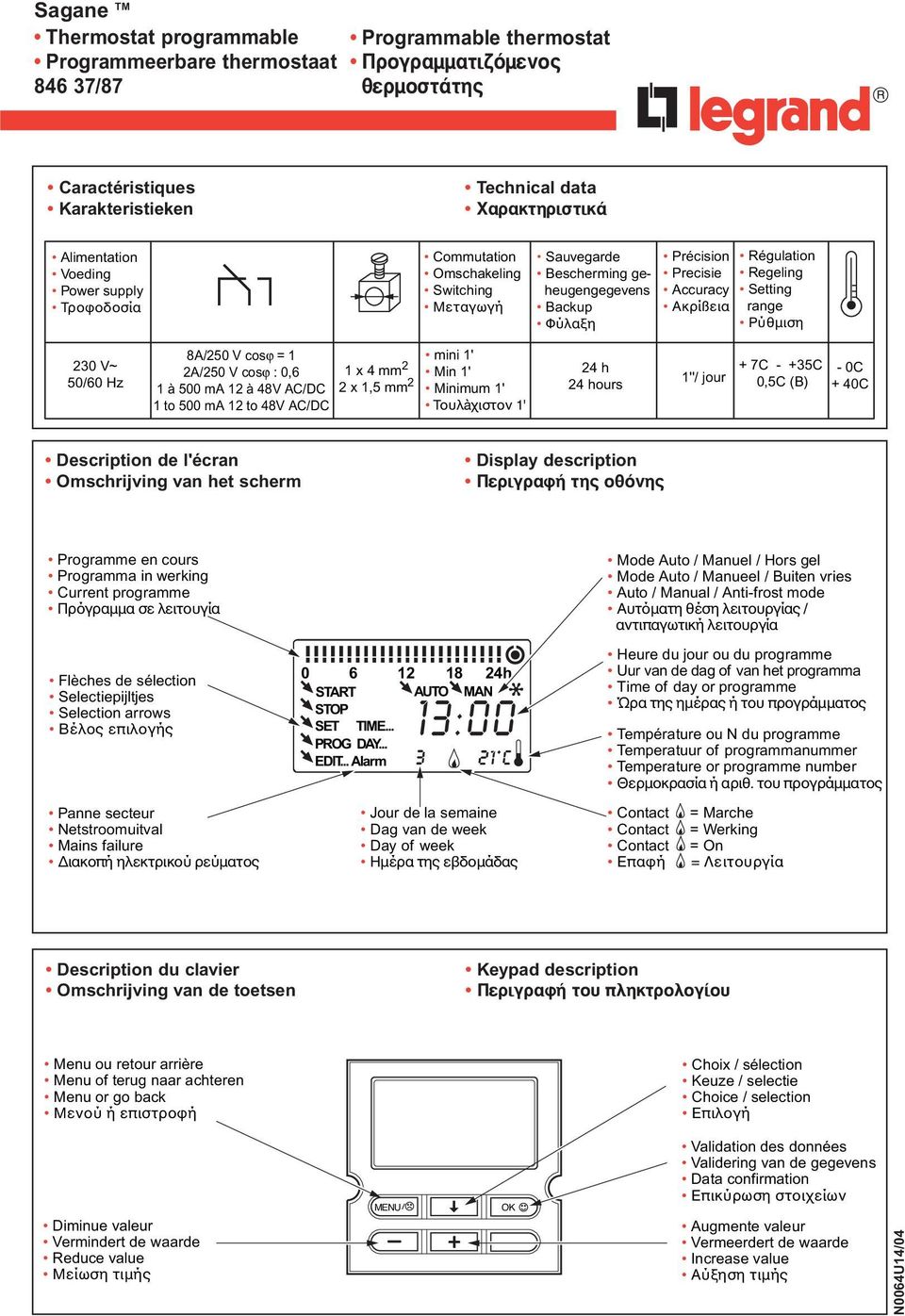 Setting range Ρύθµιση 230 V~ 50/60 Hz 8A/250 V cosϕ = 2A/250 V cosϕ : 0,6 à 500 ma 2 à 48V AC/DC to 500 ma 2 to 48V AC/DC mini ' x 4 mm 2 Min ' 24 h,5 mm 2 ''/ jour Minimum ' 24 hours Τουλàχιστον ' +