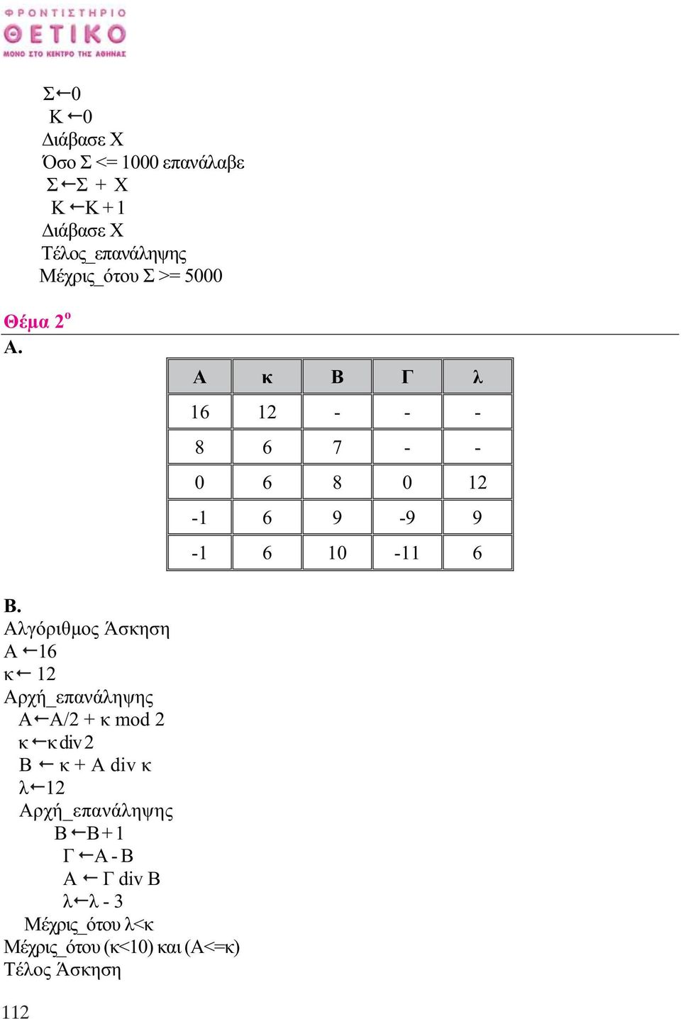 Αλγόριθµος Άσκηση A 16 κ 12 Αρχή_επανάληψης A A/2 + κ mod 2 κ κ div 2 Β κ + A div κ λ 12