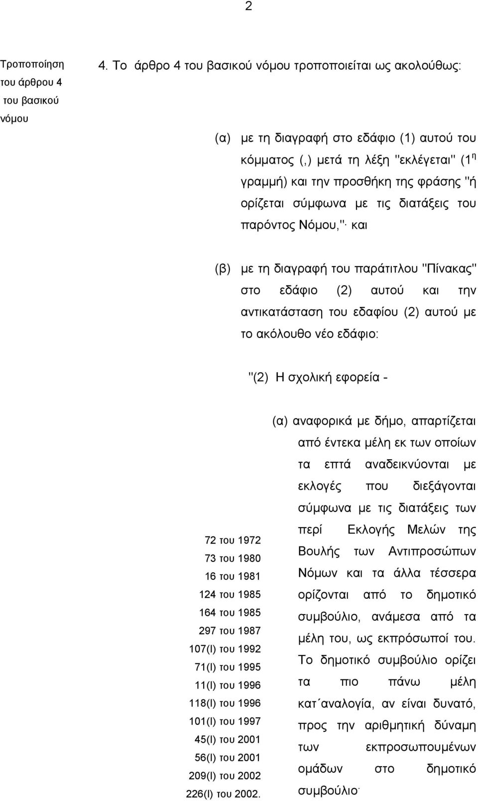 µε τις διατάξεις του παρόντος Νόµου," και (β) µε τη διαγραφή του παράτιτλου "Πίνακας" στο εδάφιο (2) αυτού και την αντικατάσταση του εδαφίου (2) αυτού µε το ακόλουθο νέο εδάφιο: "(2) Η σχολική