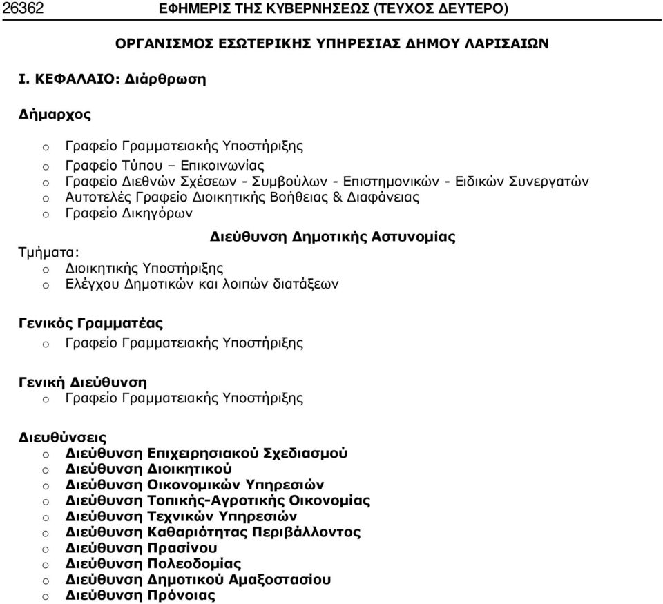 Διοικητικής Βοήθειας & Διαφάνειας o Γραφείο Δικηγόρων Διεύθυνση Δημοτικής Αστυνομίας Τμήματα: o Διοικητικής Υποστήριξης o Ελέγχου Δημοτικών και λοιπών διατάξεων Γενικός Γραμματέας o Γραφείο