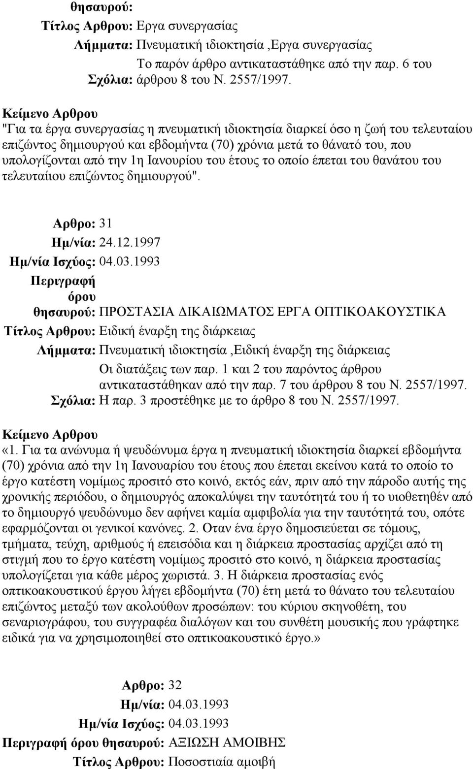 το οποίο έπεται του θανάτου του τελευταίιου επιζώντος δηµιουργού". Αρθρο: 31 Ηµ/νία: 24.12.