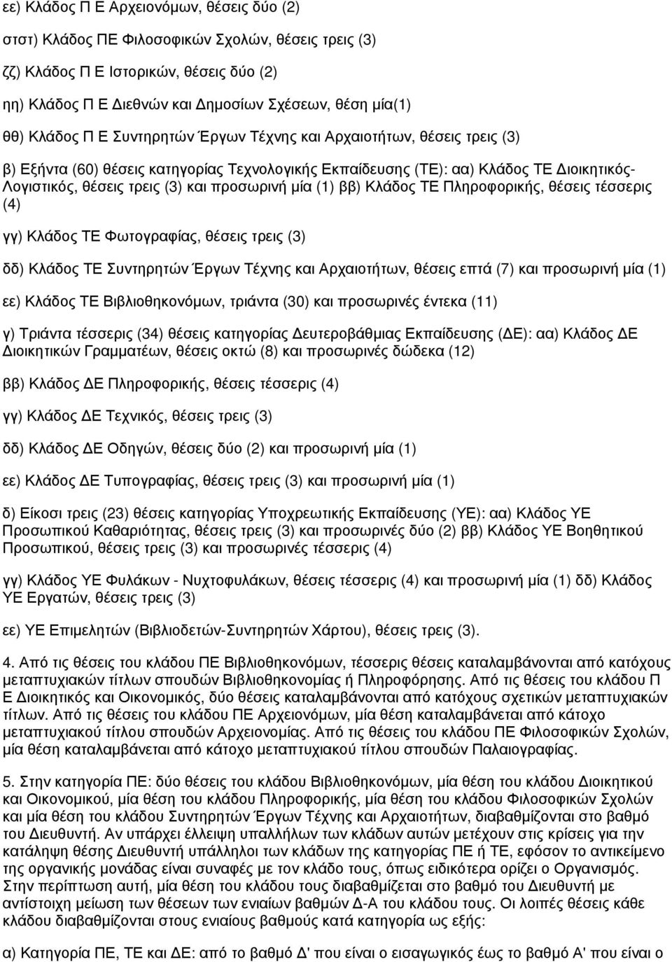 προσωρινή μία (1) ββ) Κλάδος ΤΕ Πληροφορικής, θέσεις τέσσερις (4) γγ) Κλάδος ΤΕ Φωτογραφίας, θέσεις τρεις (3) δδ) Κλάδος ΤΕ Συντηρητών Έργων Τέχνης και Αρχαιοτήτων, θέσεις επτά (7) και προσωρινή μία