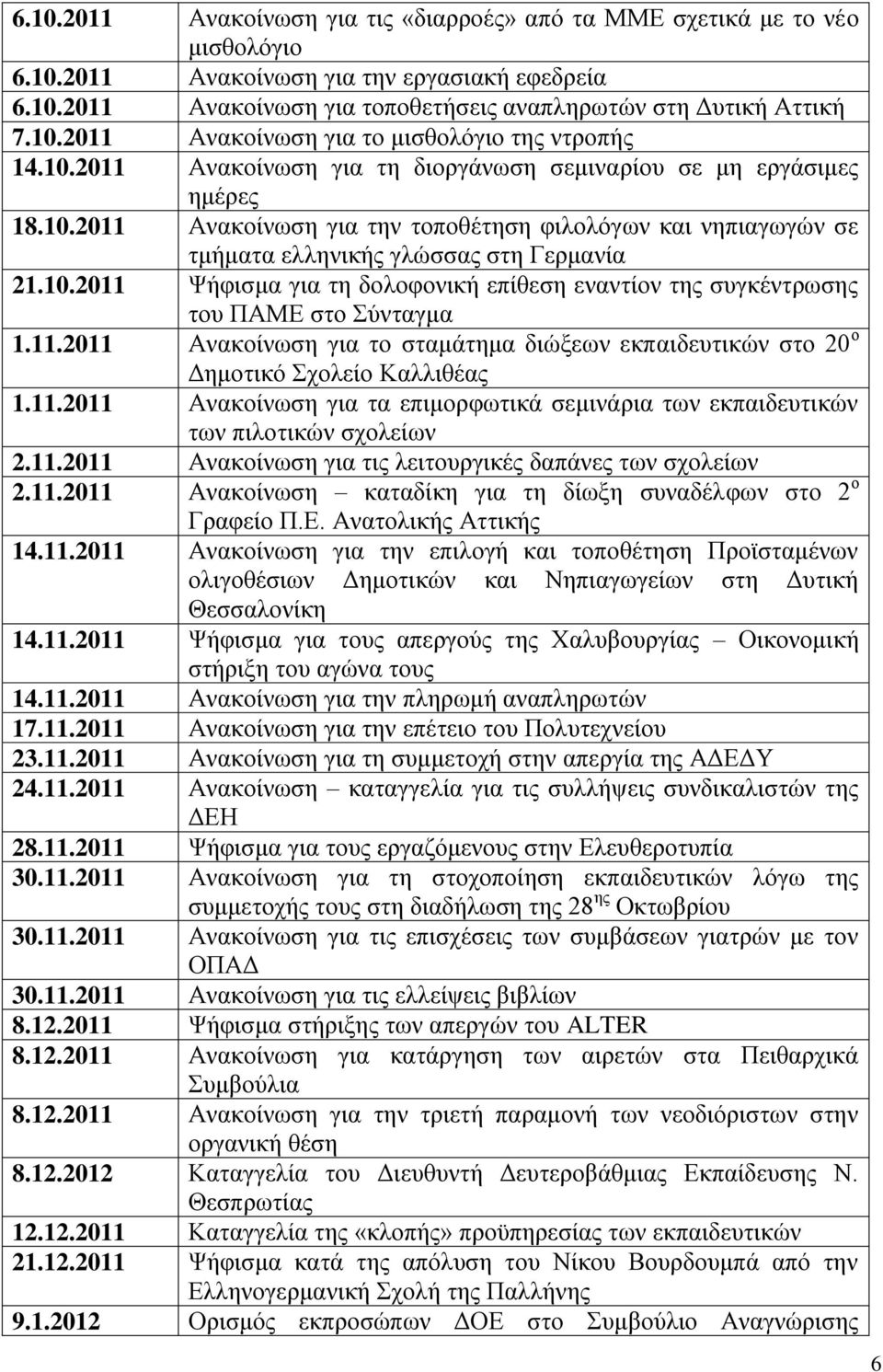 10.2011 Ψήφισμα για τη δολοφονική επίθεση εναντίον της συγκέντρωσης του ΠΑΜΕ στο Σύνταγμα 1.11.2011 Ανακοίνωση για το σταμάτημα διώξεων εκπαιδευτικών στο 20 ο Δημοτικό Σχολείο Καλλιθέας 1.11.2011 Ανακοίνωση για τα επιμορφωτικά σεμινάρια των εκπαιδευτικών των πιλοτικών σχολείων 2.