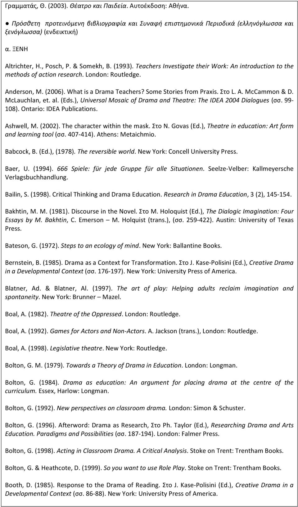 Some Stories from Praxis. Στο L. A. McCammon & D. McLauchlan, et. al. (Eds.), Universal Mosaic of Drama and Theatre: The IDEA 2004 Dialogues (σσ. 99-108). Ontario: IDEA Publications. Ashwell, M.