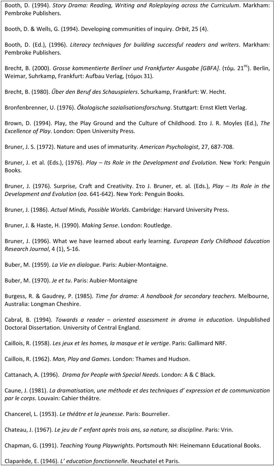 (τόμ. 21 ος ). Berlin, Weimar, Suhrkamp, Frankfurt: Aufbau Verlag, (τόμοι 31). Brecht, B. (1980). Űber den Beruf des Schauspielers. Schurkamp, Frankfurt: W. Hecht. Bronfenbrenner, U. (1976).