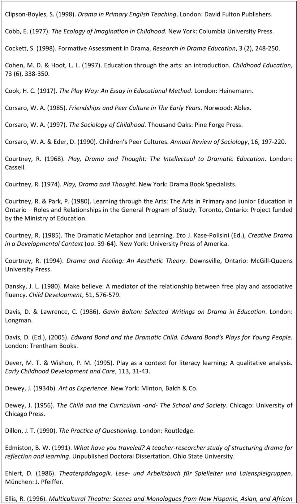 Childhood Education, 73 (6), 338-350. Cook, H. C. (1917). The Play Way: An Essay in Educational Method. London: Heinemann. Corsaro, W. A. (1985). Friendships and Peer Culture in The Early Years.