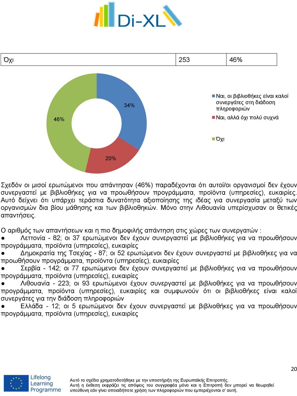 Αυτό δείχνει ότι υπάρχει τεράστια δυνατότητα αξιοποίησης της ιδέας για συνεργασία μεταξύ των οργανισμών δια βίου μάθησης και των βιβλιοθηκών. Μόνο στην Λιθουανία υπερίσχυσαν οι θετικές απαντήσεις.