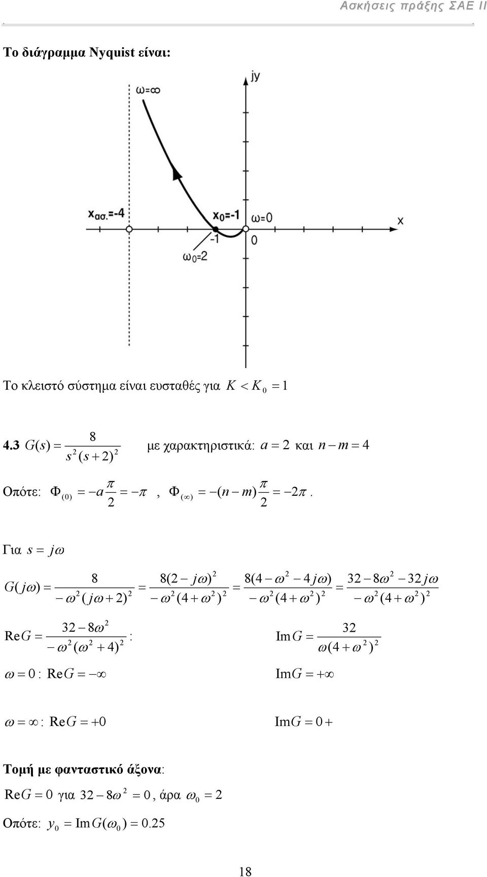 Για jω 8 jω) ω ( jω + ) 8( jω) ω (4 + ω ) 8(4 ω 4 jω) 8ω jω ω (4 + ω ) ω (4 + ω ) Re 8ω G