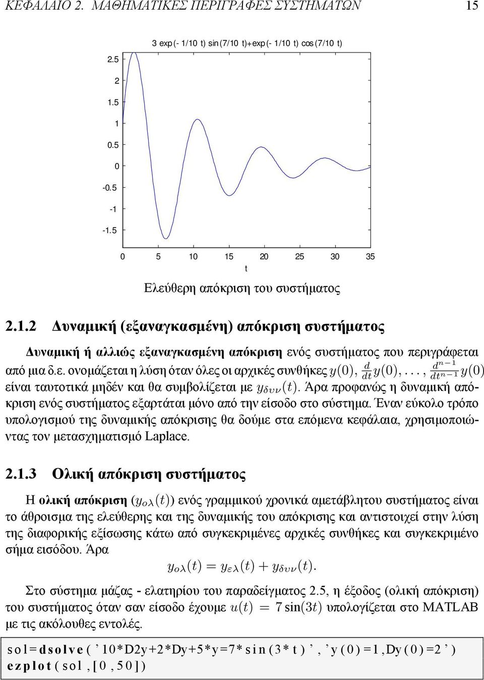 .., dt y() n είναι ταυτοτικά μηδέν και θα συμβολίζεται με y δυν (t). Άρα προφανώς η δυναμική απόκριση ενός συστήματος εξαρτάται μόνο από την είσοδο στο σύστημα.