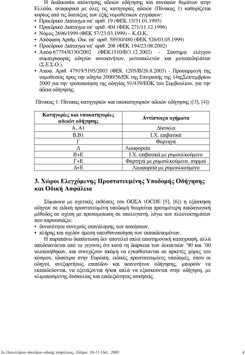 1999) Προεδρικό ιάταγµα υπ αριθ. 208 (ΦΕΚ 194/23.08.2002) Απόφ.67754/8330/2002 (ΦΕΚ1510/Β/3.12.2002) - Σύστηµα ελέγχου συµπεριφοράς οδηγών αυτοκινήτων, µοτοσικλετών και µοτοποδηλάτων (Σ.Ε.Σ.Ο.). Αποφ.