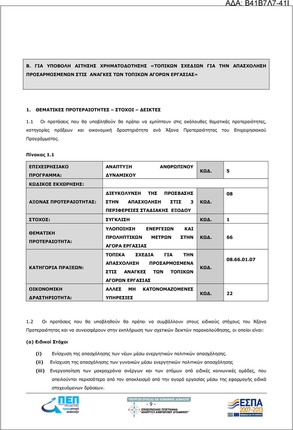 Προγράµµατος. Πίνακας 1.1 ΕΠΙΧΕΙΡΗΣΙΑΚΟ ΠΡΟΓΡΑΜΜΑ: ΑΝΑΠΤΥΞΗ ΥΝΑΜΙΚΟΥ ΑΝΘΡΩΠΙΝΟΥ ΚΩ. 5 ΚΩ ΙΚΟΣ ΕΚΧΩΡΗΣΗΣ: ΙΕΥΚΟΛΥΝΣΗ ΤΗΣ ΠΡΟΣΒΑΣΗΣ 08 ΑΞΟΝΑΣ ΠΡΟΤΕΡΑΙΟΤΗΤΑΣ: ΣΤΗΝ ΑΠΑΣΧΟΛΗΣΗ ΣΤΙΣ 3 ΚΩ.