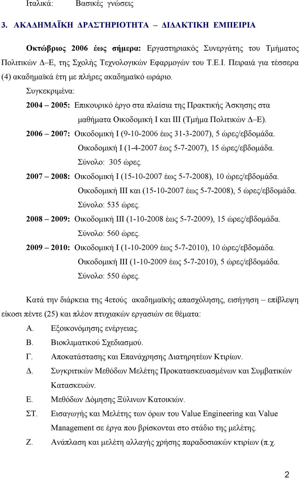 Οικοδομική Ι (1-4-2007 έως 5-7-2007), 15 ώρες/εβδομάδα. Σύνολο: 305 ώρες. 2007 2008: Οικοδομική Ι (15-10-2007 έως 5-7-2008), 10 ώρες/εβδομάδα.