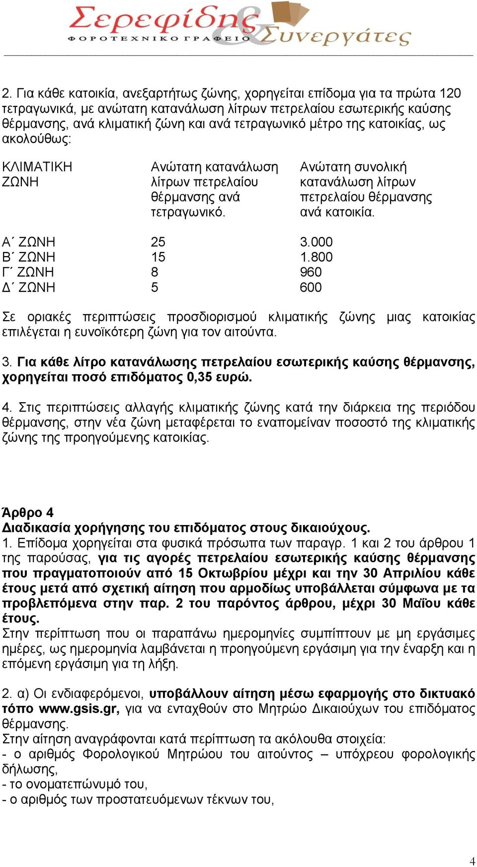 000 Β ΖΩΝΗ 15 1.800 Γ ΖΩΝΗ 8 960 Δ ΖΩΝΗ 5 600 Σε οριακές περιπτώσεις προσδιορισμού κλιματικής ζώνης μιας κατοικίας επιλέγεται η ευνοϊκότερη ζώνη για τον αιτούντα. 3.