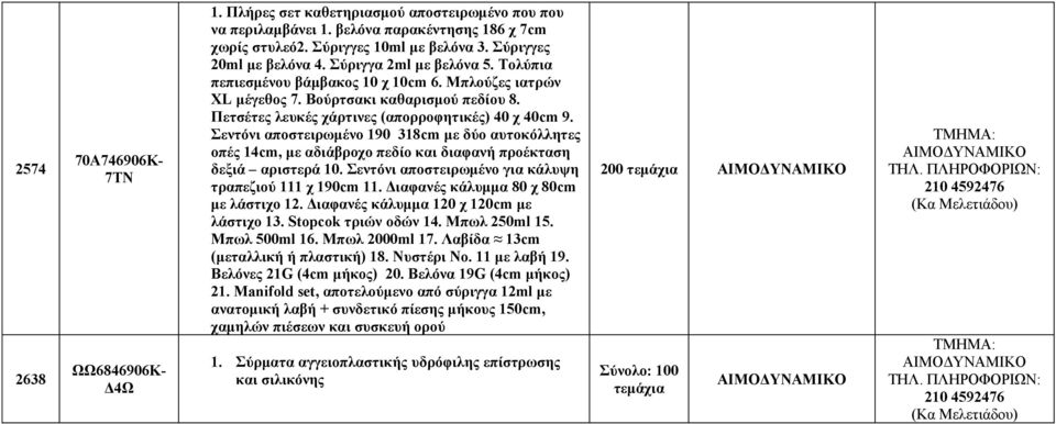 Πετσέτες λευκές χάρτινες (απορροφητικές) 40 χ 40cm 9. Σεντόνι αποστειρωμένο 190 318cm με δύο αυτοκόλλητες οπές 14cm, με αδιάβροχο πεδίο και διαφανή προέκταση δεξιά αριστερά 10.