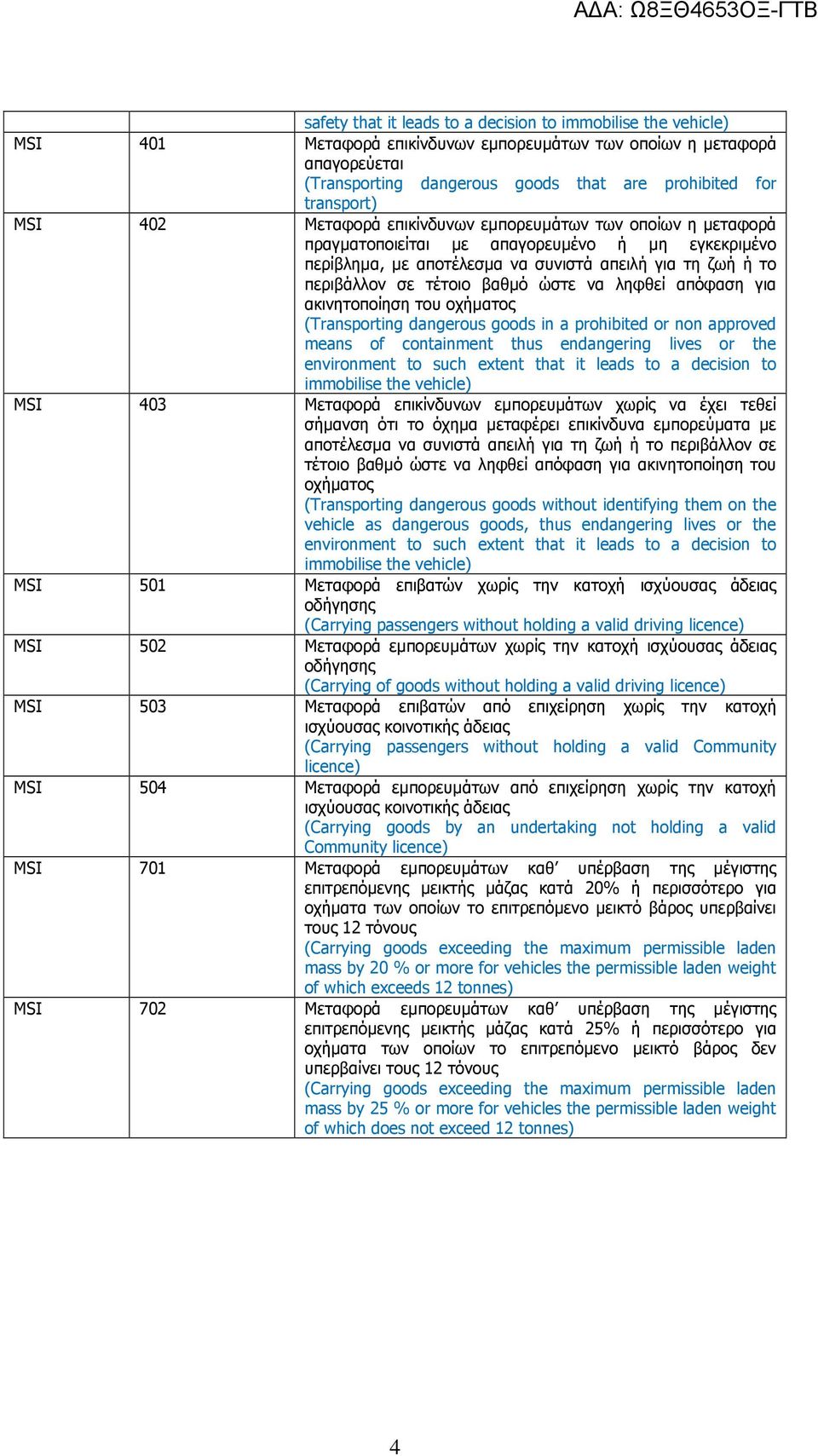 τέτοιο βαθµό ώστε να ληφθεί απόφαση για ακινητοποίηση του οχήµατος (Transporting dangerous goods in a prohibited or non approved means of containment thus endangering lives or the environment to such