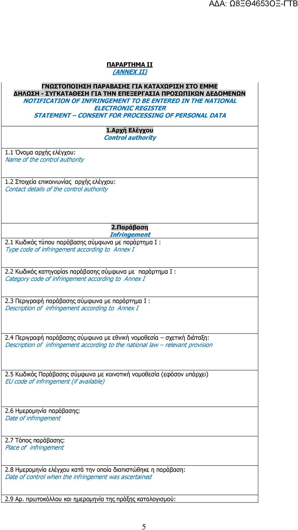 2 Στοιχεία επικοινωνίας αρχής ελέγχου: Contact details of the control authority 2.Παράβαση Infringement 2.