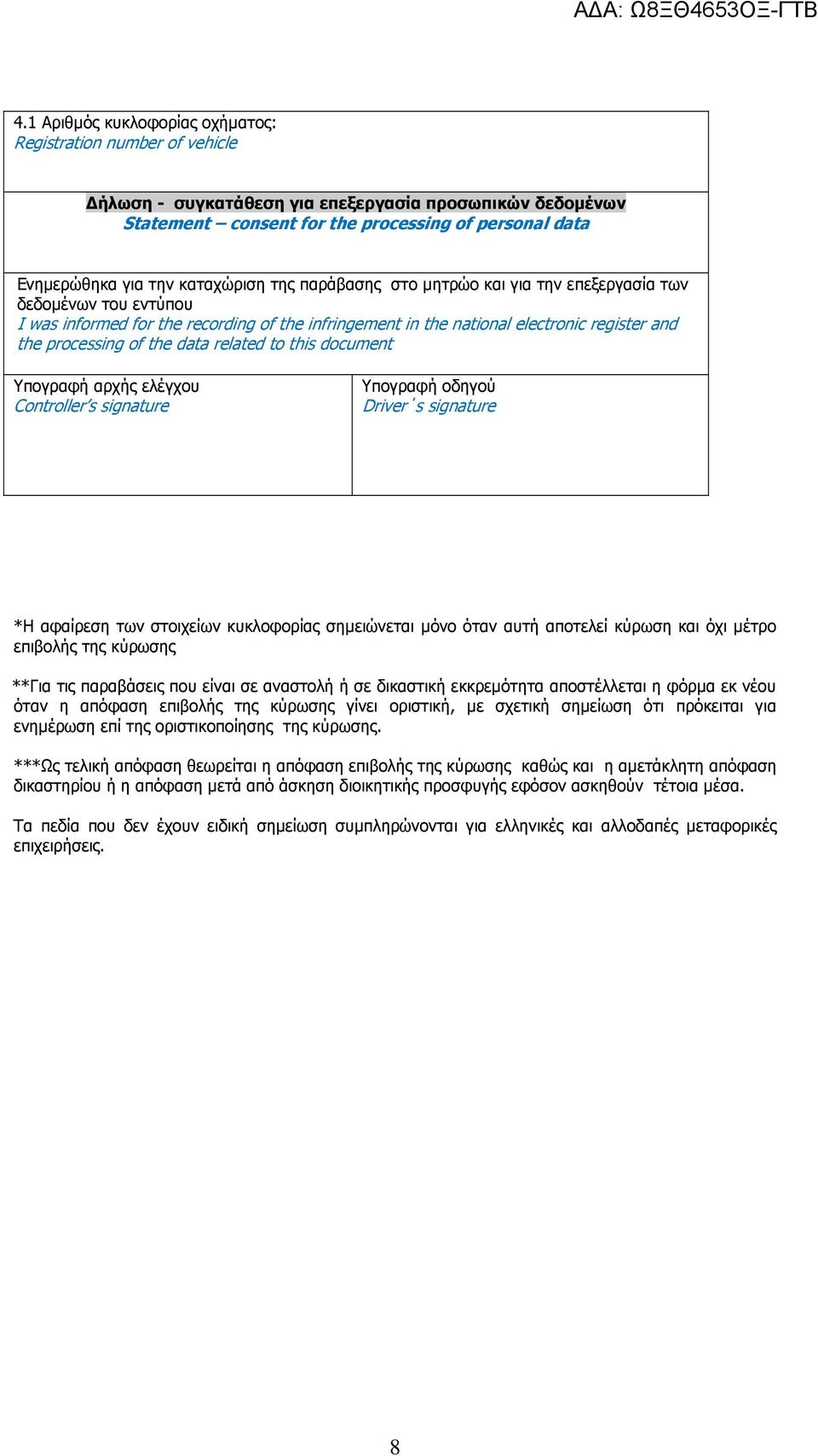 the data related to this document Υπογραφή αρχής ελέγχου Controller s signature Υπογραφή οδηγού Driver s signature *Η αφαίρεση των στοιχείων κυκλοφορίας σηµειώνεται µόνο όταν αυτή αποτελεί κύρωση και