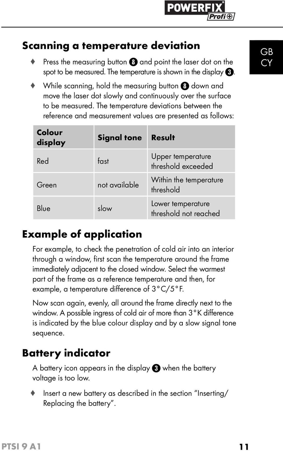 The temperature deviations between the reference and measurement values are presented as follows: GB CY Colour display Red Green Blue Signal tone fast not available slow Result Upper temperature