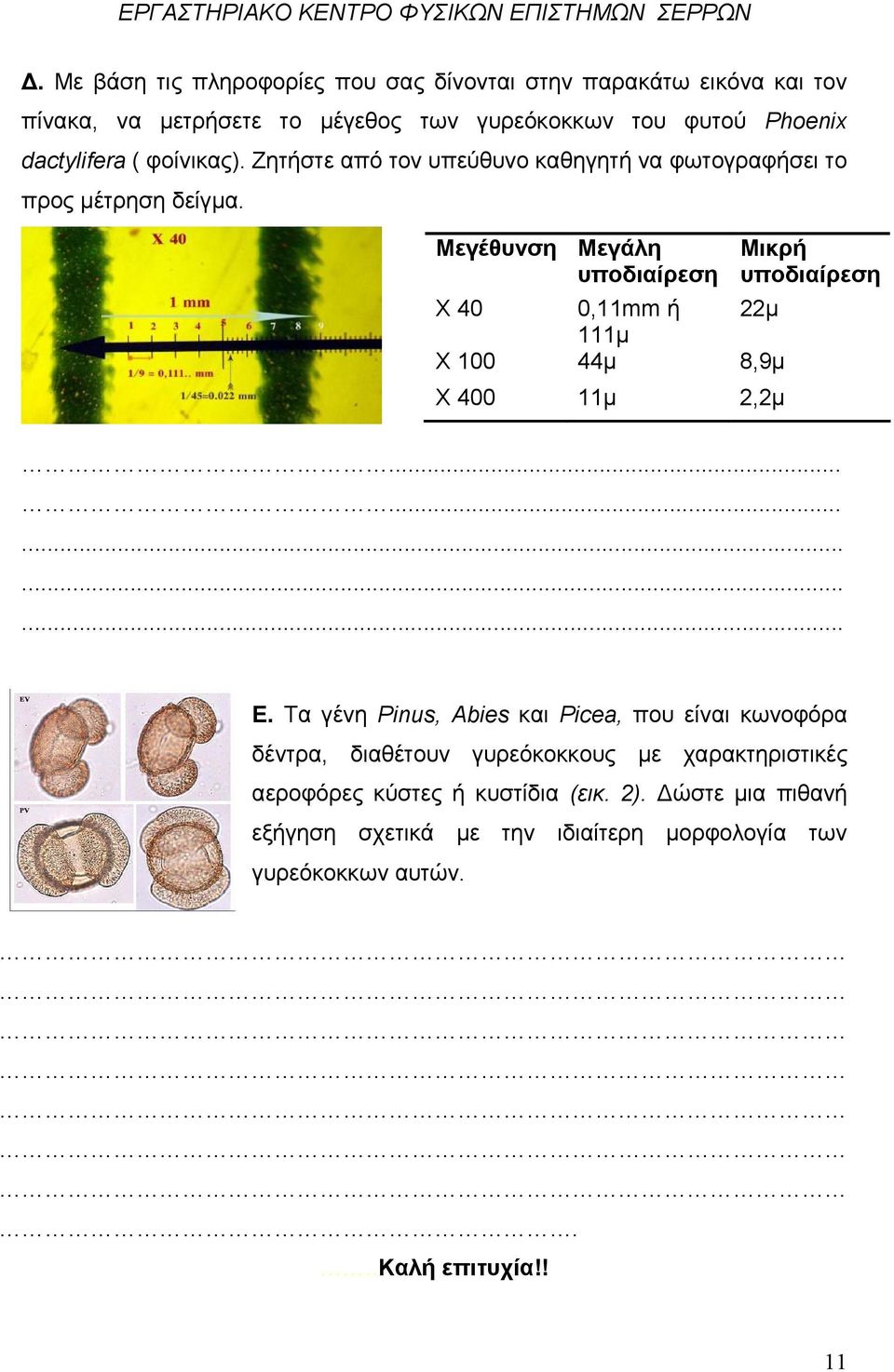 Μεγέθυνση Μεγάλη υποδιαίρεση Χ 40 0,11mm ή 22µ 111µ Χ 100 44µ 8,9µ Χ 400 11µ 2,2µ Μικρή υποδιαίρεση............... Ε.