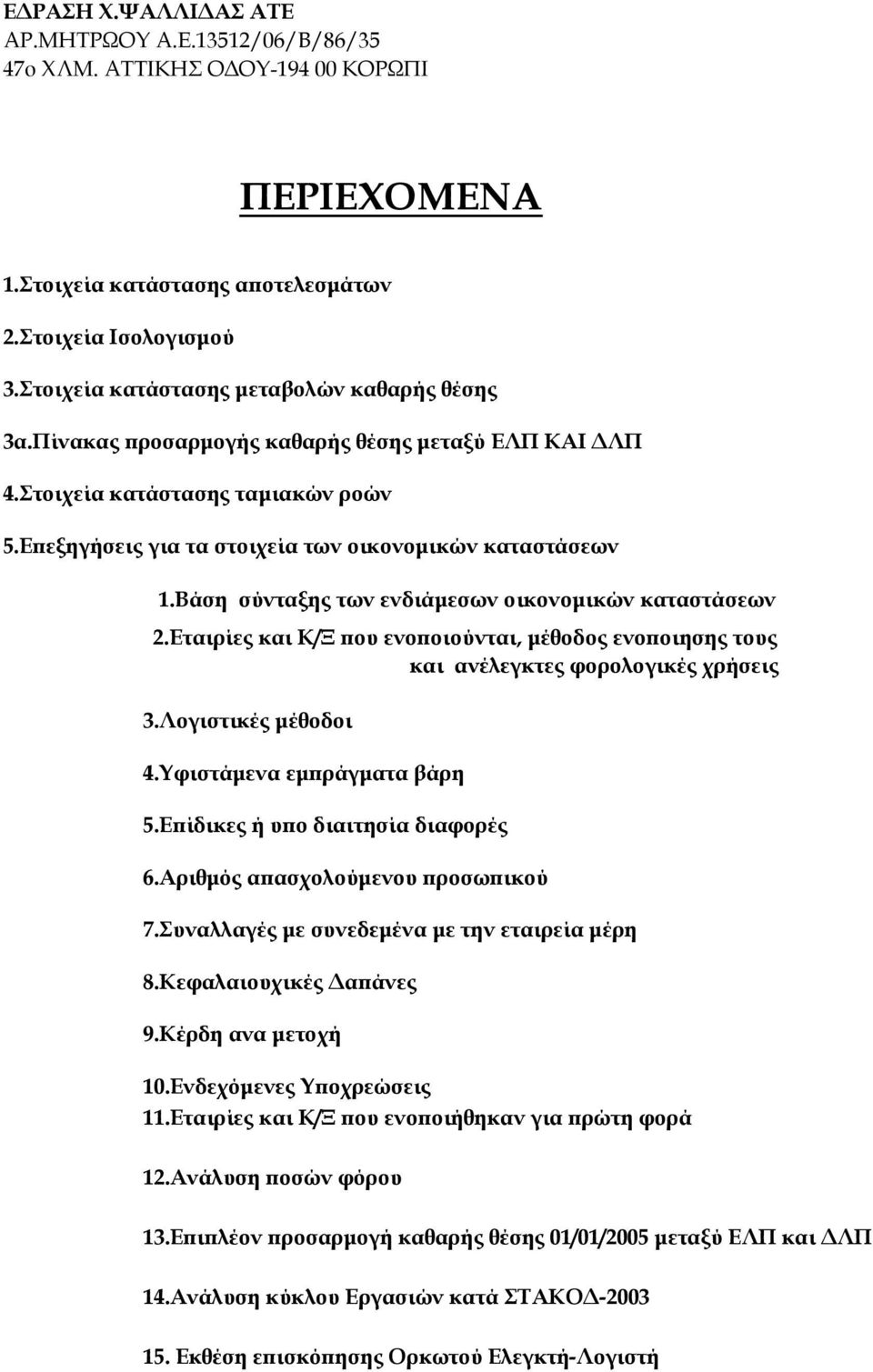 Εταιρίες και Κ/Ξ που ενοποιούνται, μέθοδος ενοποιησης τους και ανέλεγκτες φορολογικές χρήσεις 3.Λογιστικές μέθοδοι 4.Υφιστάμενα εμπράγματα βάρη 5.Επίδικες ή υπο διαιτησία διαφορές 6.