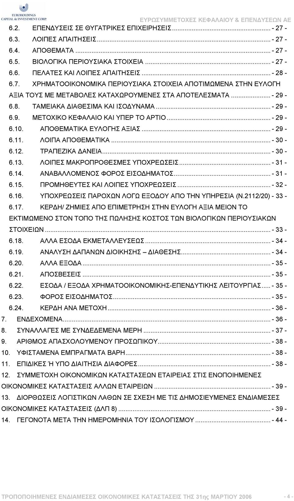 .. - 30-6.13. ΛΟΙΠΕΣ ΜΑΚΡΟΠΡΟΘΕΣΜΕΣ ΥΠΟΧΡΕΩΣΕΙΣ... - 31-6.14. ΑΝΑΒΑΛΛΟΜΕΝΟΣ ΦΟΡΟΣ ΕΙΣΟ ΗΜΑΤΟΣ... - 31-6.15. ΠΡΟΜΗΘΕΥΤΕΣ ΚΑΙ ΛΟΙΠΕΣ ΥΠΟΧΡΕΩΣΕΙΣ... - 32-6.16.