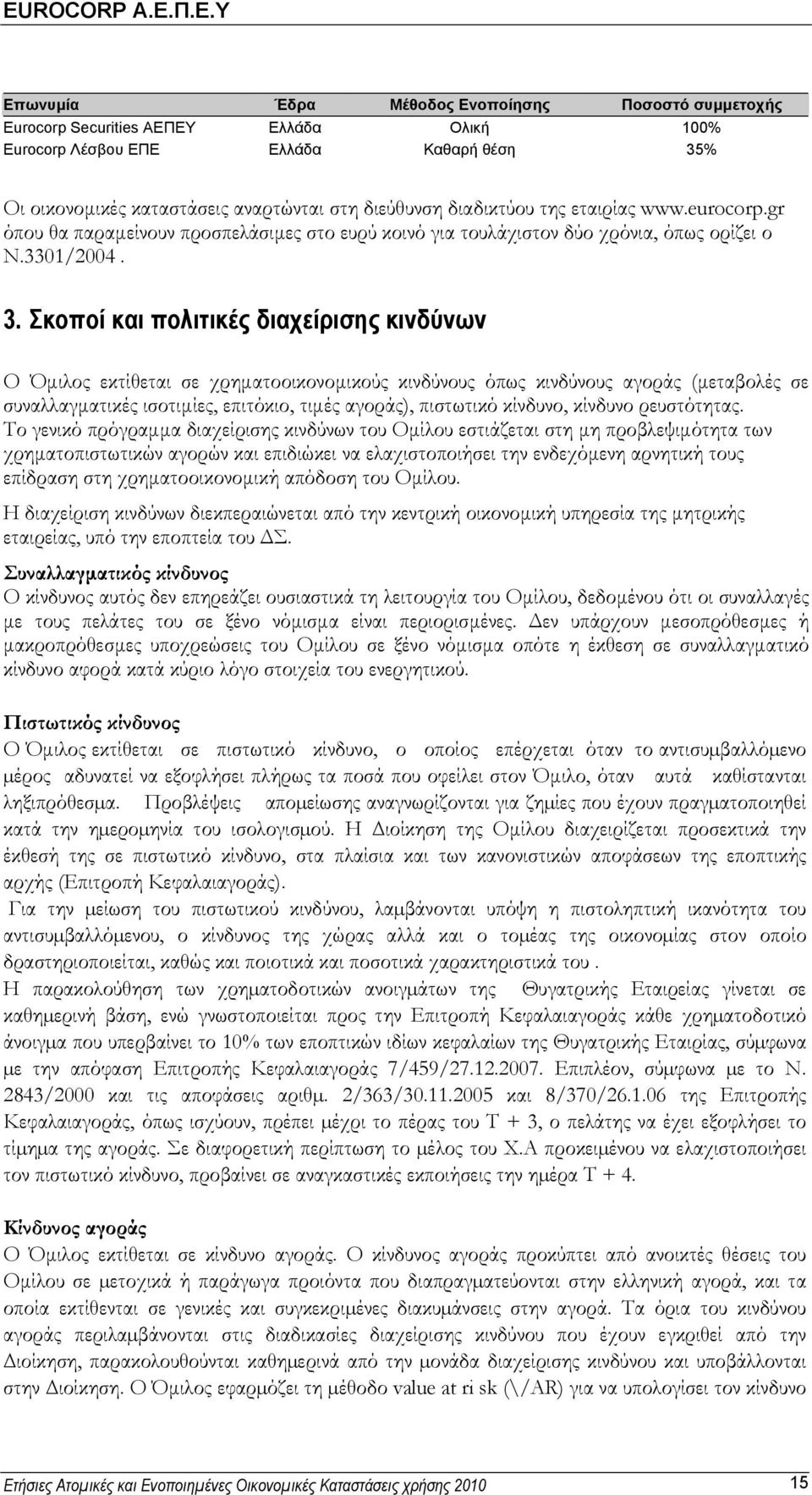 Σκοποί και πολιτικές διαχείρισης κινδύνων εκτίθεται σε χρηµατοοικονοµικούς κινδύνους όπως κινδύνους αγοράς (µεταβολές σε συναλλαγµατικές ισοτιµίες, επιτόκιο, τιµές αγοράς), πιστωτικό κίνδυνο, κίνδυνο