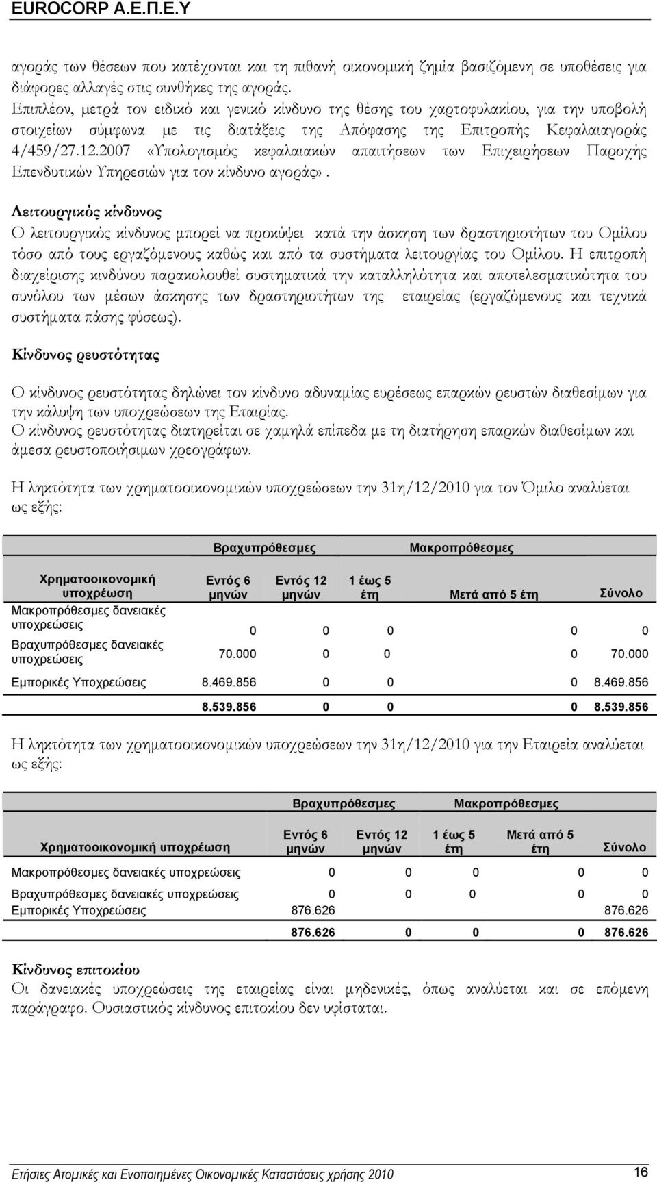 2007 «Υπολογισµός κεφαλαιακών απαιτήσεων των Επιχειρήσεων Παροχής Επενδυτικών Υπηρεσιών για τον κίνδυνο αγοράς».