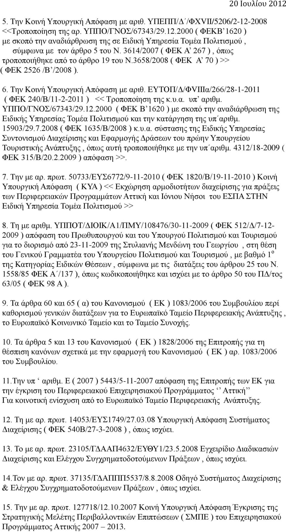 ΕΥΤΟΠ/Δ/ΦVIIIα/266/28-1-2011 ( ΦΕΚ 240/Β/11-2-2011 ) << Τροποποίηση της κ.υ.α. υπ αριθμ. ΥΠΠΟ/ΓΝΟΣ/67343/29.12.