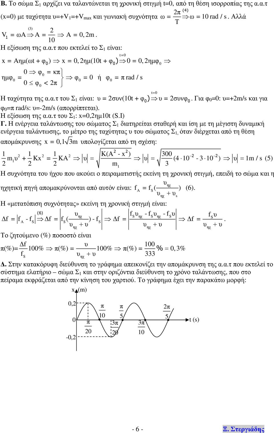 Για φ =: υ=+m/s και για φ = ad/s: υ=-m/s (αορρίτεται). Η εξίσωση της α.α.τ του Σ : x=,ηµt (.I) Γ.