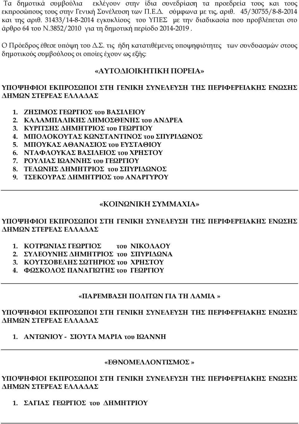 ΖΗΣΙΜΟΣ ΓΕΩΡΓΙΟΣ του ΒΑΣΙΛΕΙΟΥ 2. ΚΑΛΑΜΠΑΛΙΚΗΣ ΗΜΟΣΘΕΝΗΣ του ΑΝ ΡΕΑ 3. ΚΥΡΙΤΣΗΣ ΗΜΗΤΡΙΟΣ του ΓΕΩΡΓΙΟΥ 4. ΜΠΟΛΟΚΟΥΤΑΣ ΚΩΝΣΤΑΝΤΙΝΟΣ του ΣΠΥΡΙ ΩΝΟΣ 5. ΜΠΟΥΚΑΣ ΑΘΑΝΑΣΙΟΣ του ΕΥΣΤΑΘΙΟΥ 6.