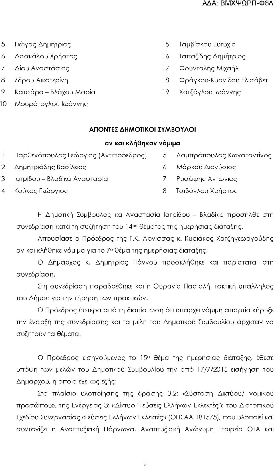 Ιατρίδου Βλαδίκα Αναστασία 7 Ρυσάφης Αντώνιος 4 Κούκος Γεώργιος 8 Τσιβόγλου Χρήστος Η ηµοτική Σύµβουλος κα Αναστασία Ιατρίδου Βλαδίκα προσήλθε στη συνεδρίαση κατά τη συζήτηση του 14 ου θέµατος της