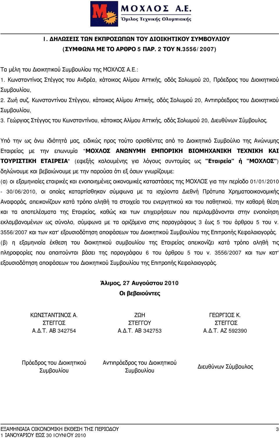 Κωνσταντίνου Στέγγου, κάτοικος Αλίμου Αττικής, οδός Σολωμού 20, Αντιπρόεδρος του Διοικητικού Συμβουλίου, 3.