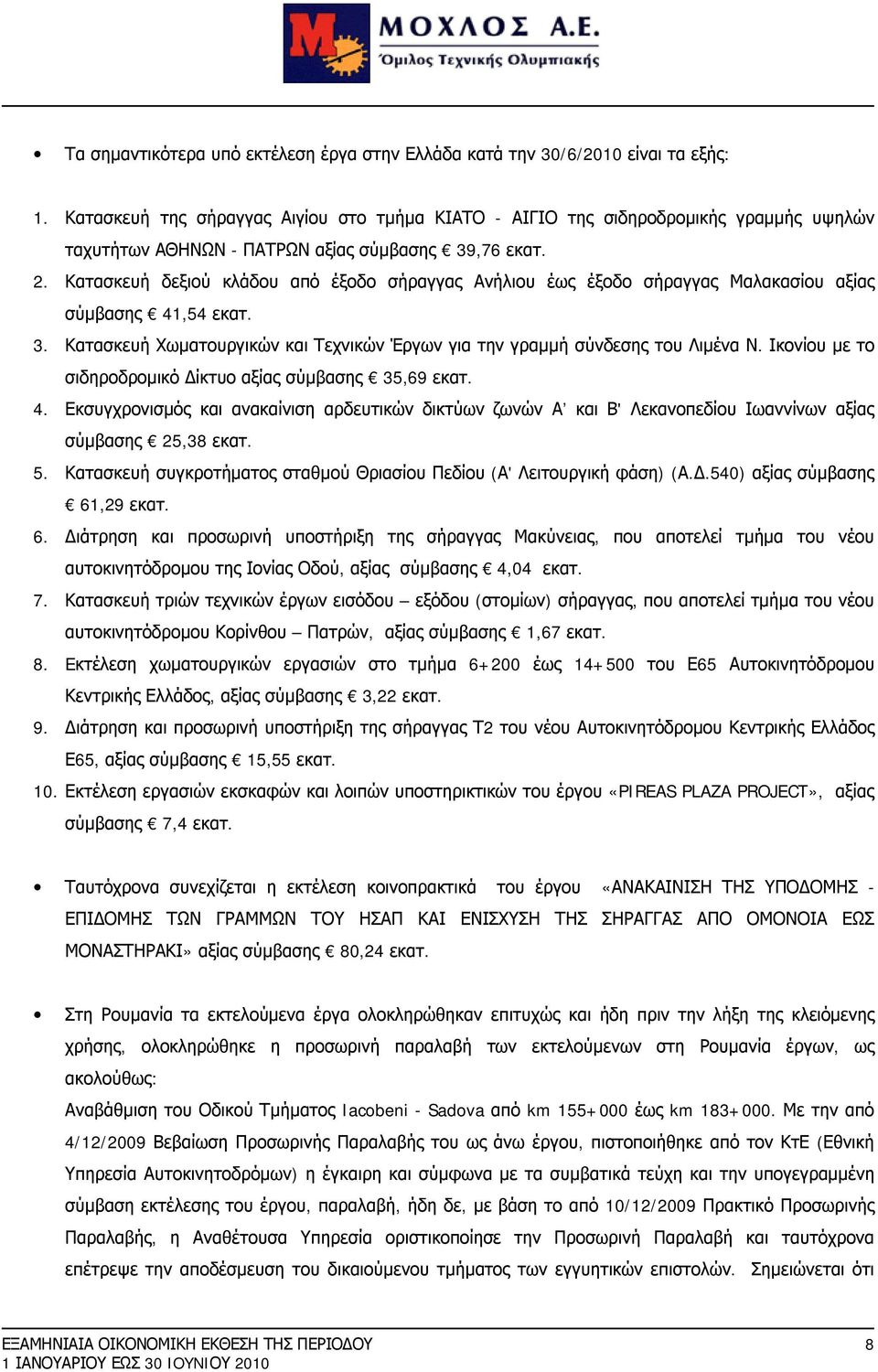 Κατασκευή δεξιού κλάδου από έξοδο σήραγγας Ανήλιου έως έξοδο σήραγγας Μαλακασίου αξίας σύμβασης 41,54 εκατ. 3. Κατασκευή Χωματουργικών και Τεχνικών Έργων για την γραμμή σύνδεσης του Λιμένα Ν.