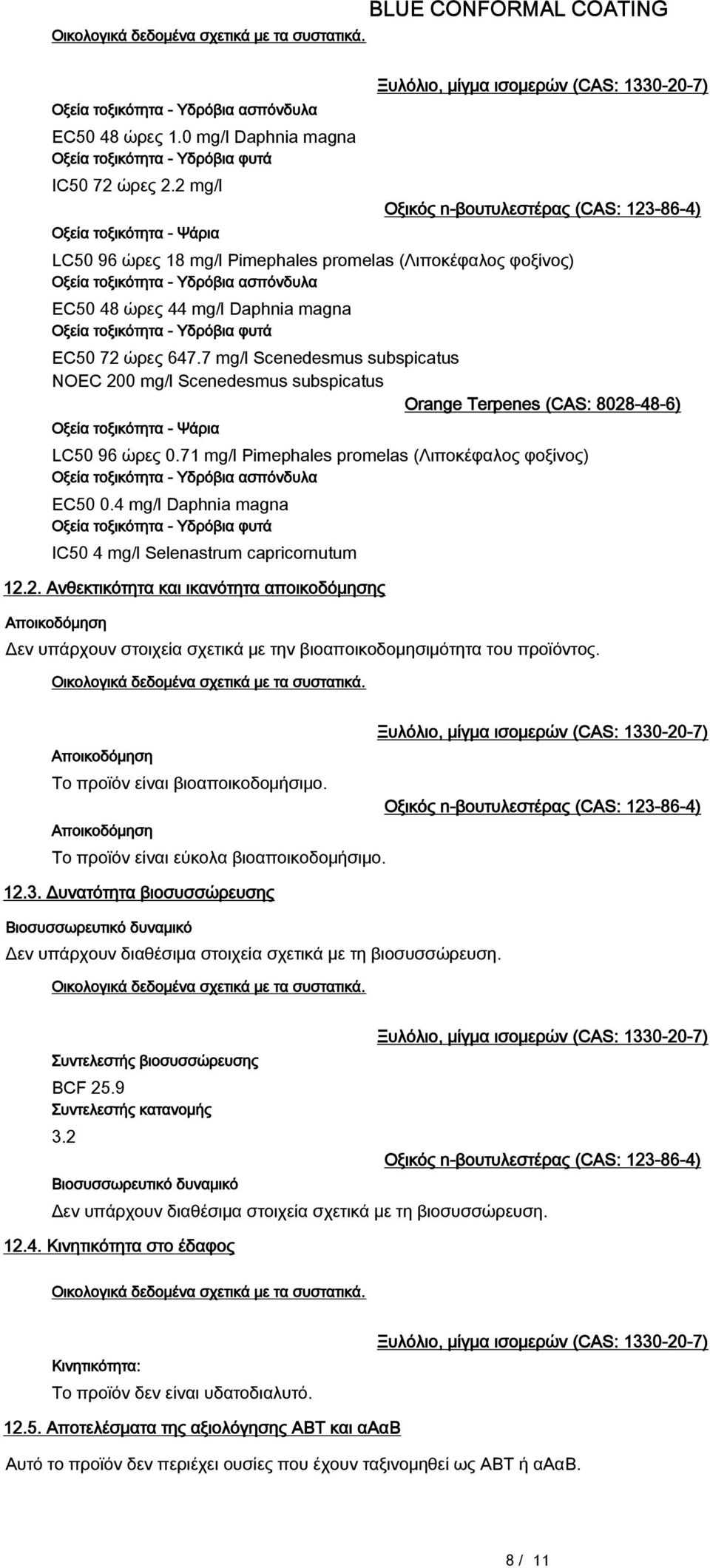 EC50 72 ώρες 647.7 mg/l Scenedesmus subspicatus NOEC 200 mg/l Scenedesmus subspicatus Orange Terpenes (CAS: 8028-48-6) Οξεία τοξικότητα - Ψάρια LC50 96 ώρες 0.