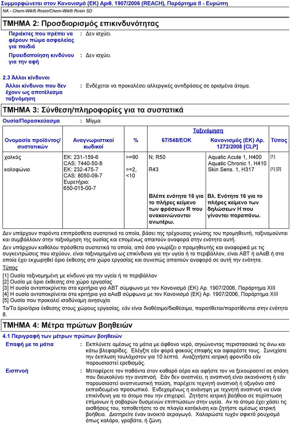 Τύπος 1272/2008 [CLP] χαλκός ΕΚ 2311596 CAS 7440508 κολοφώνιο ΕΚ 2324757 CAS 8050097 Ευρετήριο 650015007 >=90 N; R50 Aquatic Acute 1, H400 Aquatic Chronic 1, H410 [1] >=2, R43 Skin Sens.