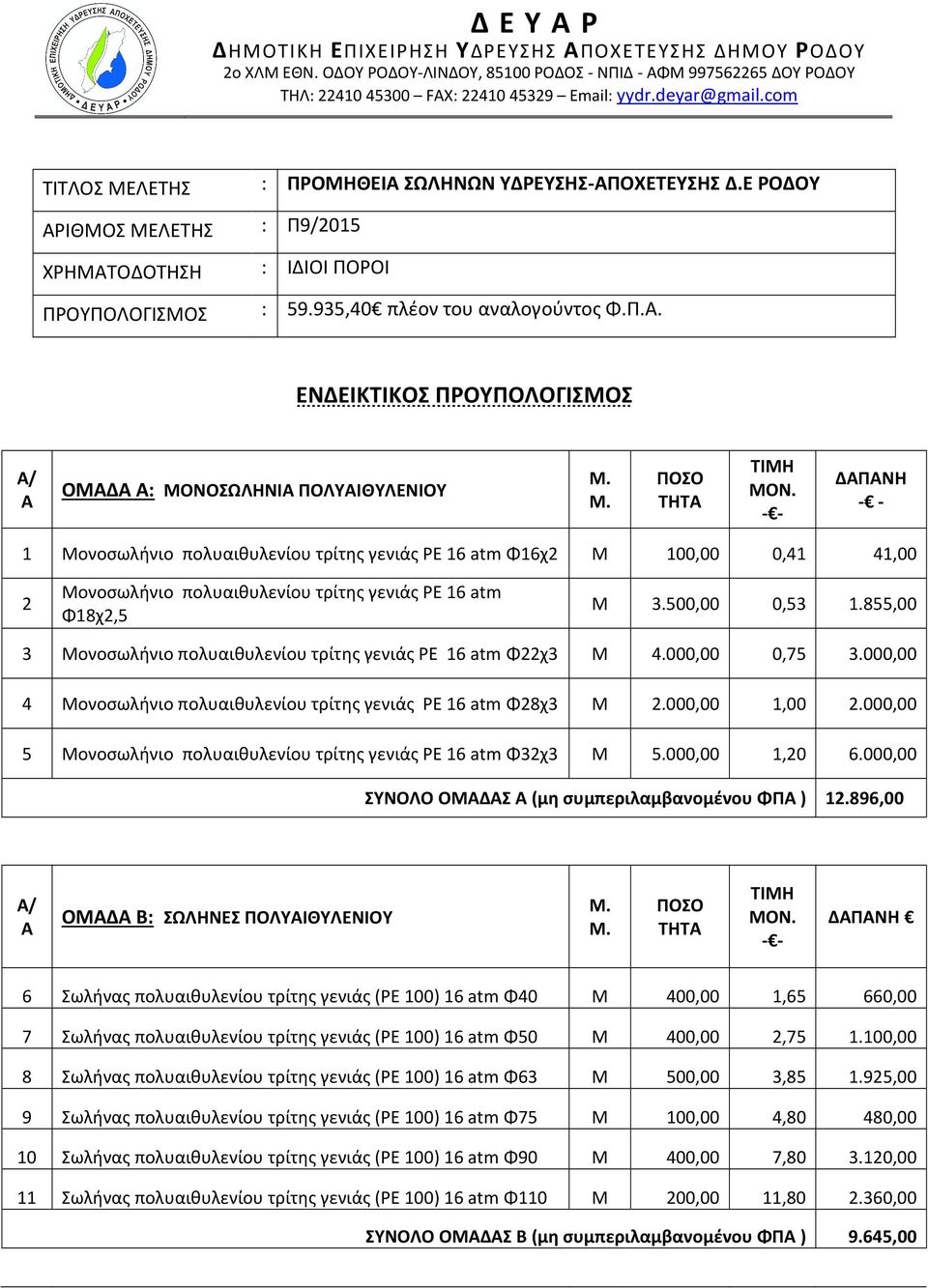 Μ. ΠΟΣΟ ΤΗΤΑ ΤΙΜΗ ΜΟΝ. - - ΔΑΠΑΝΗ - - 1 Μονοσωλήνιο πολυαιθυλενίου τρίτης γενιάς PE 16 atm Φ16χ2 Μ 100,00 0,41 41,00 2 Μονοσωλήνιο πολυαιθυλενίου τρίτης γενιάς PE 16 atm Φ18χ2,5 Μ 3.500,00 0,53 1.