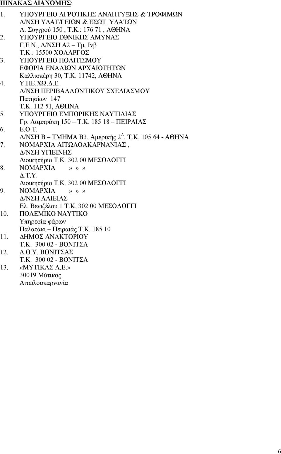 Λαμπράκη 150 Τ.Κ. 185 18 ΠΕΙΡΑΙΑΣ 6. Ε.Ο.Τ. Δ/ΝΣΗ Β ΤΜΗΜΑ Β3, Αμερικής 2 Α, Τ.Κ. 105 64 - ΑΘΗΝΑ 7. ΝΟΜΑΡΧΙΑ ΑΙΤΩΛΟΑΚΑΡΝΑΝΙΑΣ, Δ/ΝΣΗ ΥΓΙΕΙΝΗΣ Διοικητήριο Τ.Κ. 302 00 ΜΕΣΟΛΟΓΓΙ 8. ΝΟΜΑΡΧΙΑ»»» Δ.Τ.Υ. Διοικητήριο Τ.Κ. 302 00 ΜΕΣΟΛΟΓΓΙ 9.