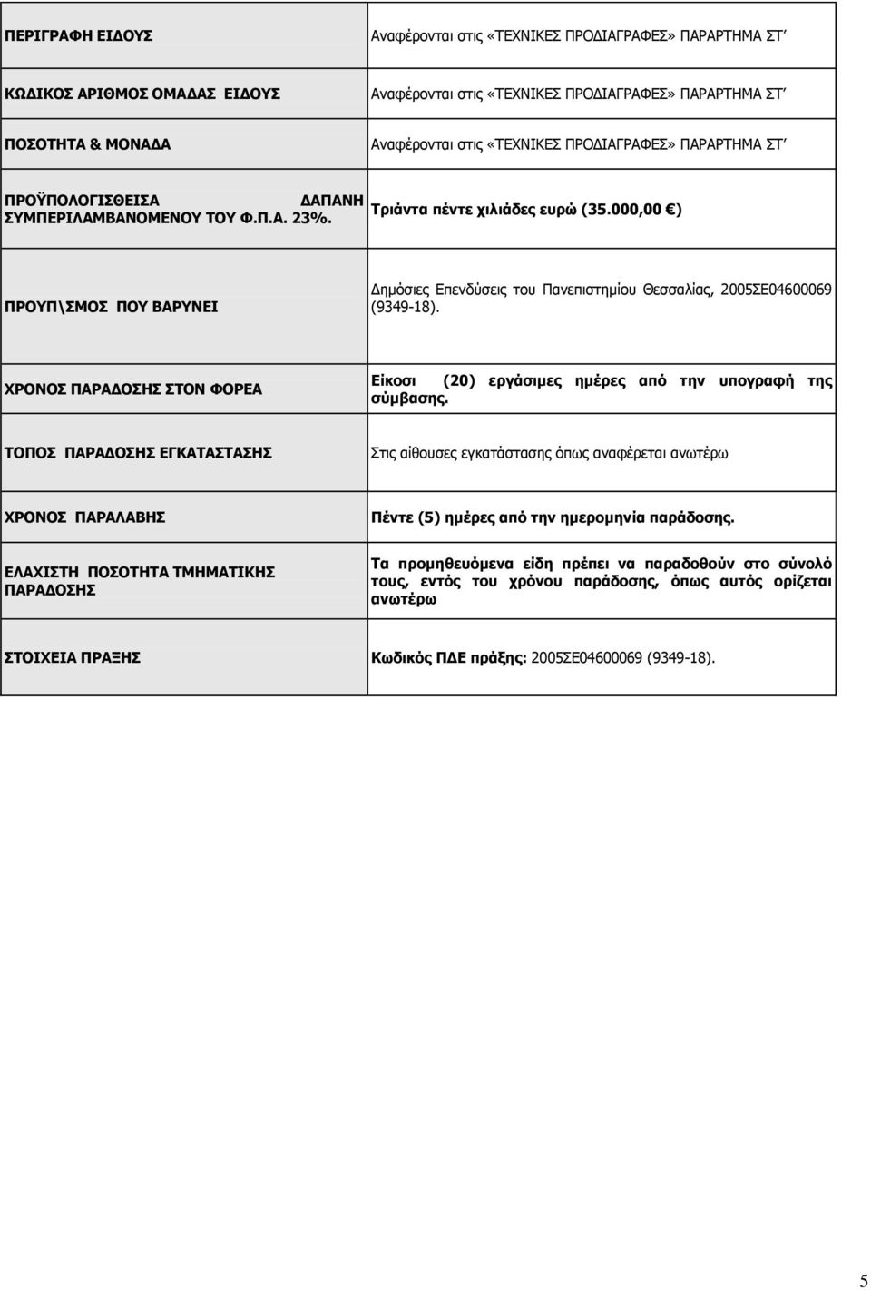 ΠΡΟΥΠ\ΣΜΟΣ ΠΟΥ ΒΑΡΥΝΕΙ Δημόσιες Επενδύσεις του Πανεπιστημίου Θεσσαλίας, 2005ΣΕ04600069 (9349-18). ΧΡΟΝΟΣ ΠΑΡΑΔΟΣΗΣ ΣΤΟΝ ΦΟΡΕΑ Είκοσι (20) εργάσιμες ημέρες από την υπογραφή της σύμβασης.