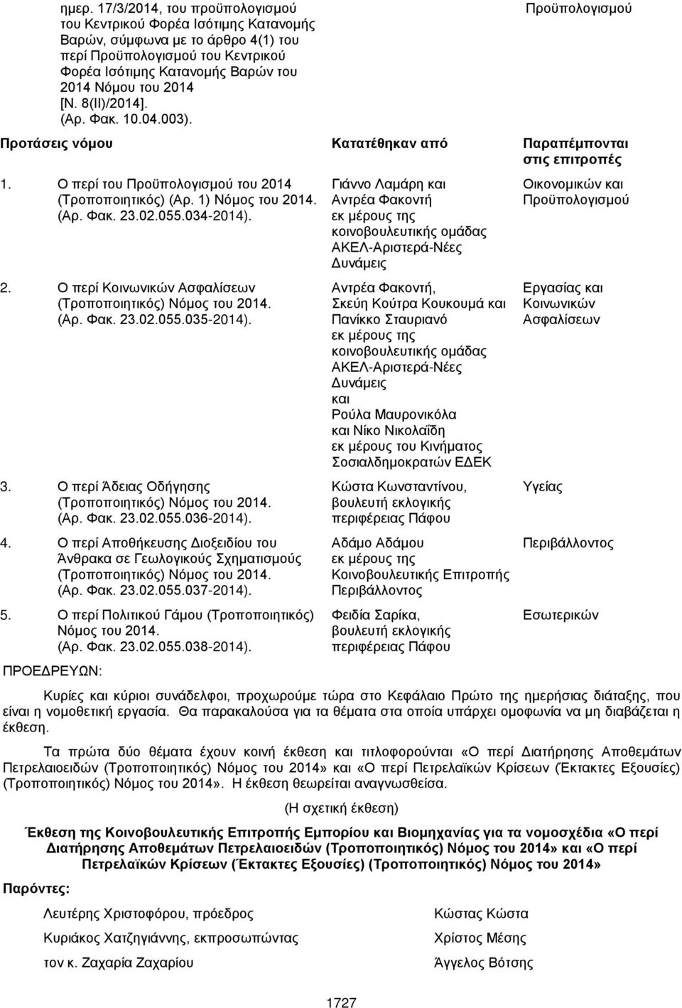 02.055.034-2014). 2. Ο περί Κοινωνικών Ασφαλίσεων (Τροποποιητικός) Νόμος του 2014. (Αρ. Φακ. 23.02.055.035-2014). 3. Ο περί Άδειας Οδήγησης (Τροποποιητικός) Νόμος του 2014. (Αρ. Φακ. 23.02.055.036-2014).