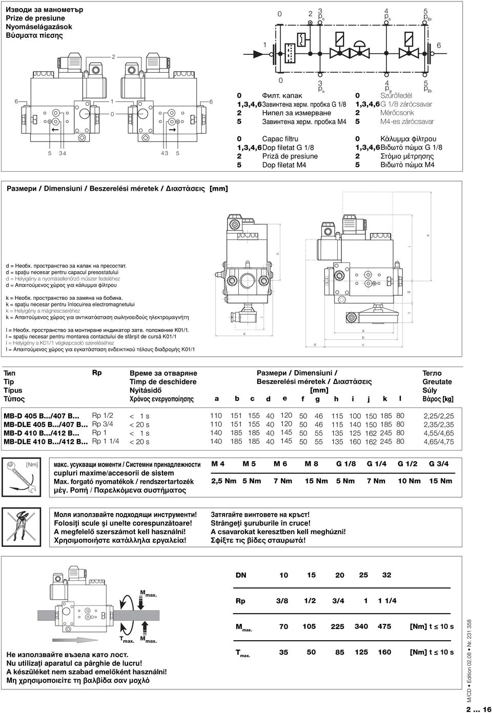 пробка М4 5 M4-es zárócsavar 0 Capac fi ltru,,4,6 Dop fi letat G /8 Prizå de presiune 5 Dop fi letat M4 0 Κάλυμμα φίλτρου,,4,6 Βιδωτό πώμα G /8 Στόμιο μέτρησης 5 Βιδωτό πώμα M4 Размери / Dimensiuni /