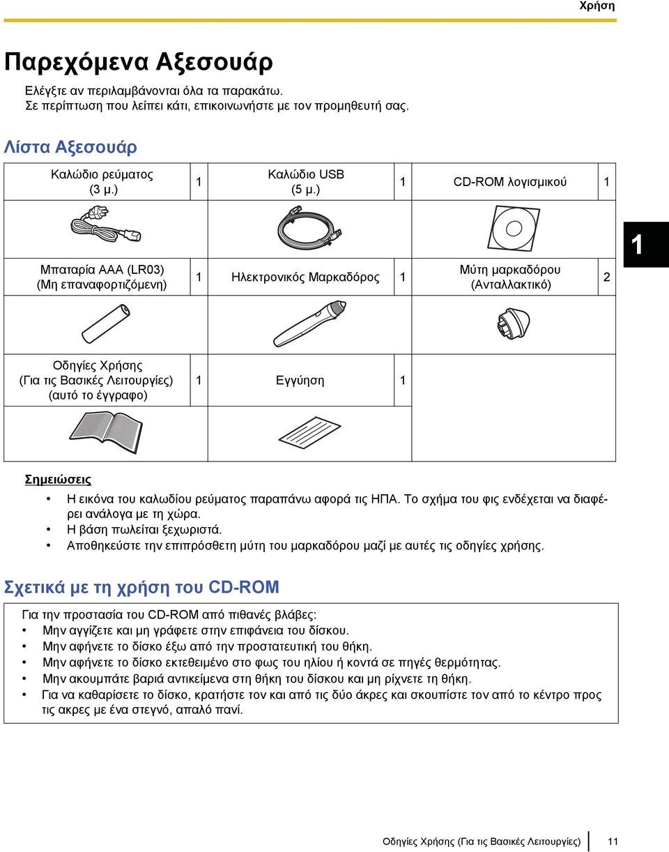 ) 1 CD-ROM λογισμικού 1 Μπαταρία AAA (LR03) (Μη επαναφορτιζόμενη) 1 Ηλεκτρονικός Μαρκαδόρος 1 Μύτη μαρκαδόρου (Ανταλλακτικό) 2 1 Οδηγίες Χρήσης (Για τις Βασικές Λειτουργίες) (αυτό το έγγραφο) 1