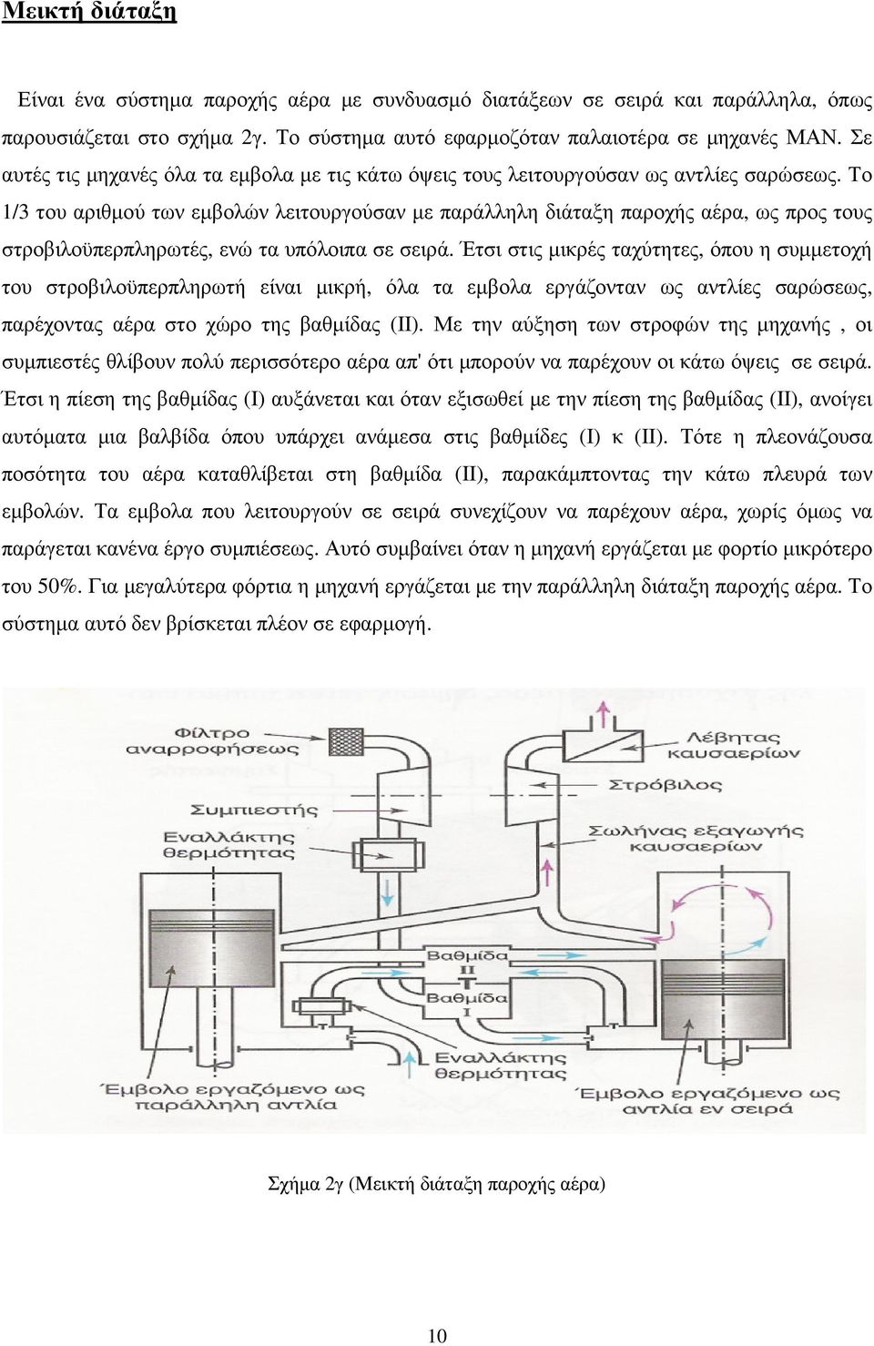 Το 1/3 του αριθµού των εµβολών λειτουργούσαν µε παράλληλη διάταξη παροχής αέρα, ως προς τους στροβιλοϋπερπληρωτές, ενώ τα υπόλοιπα σε σειρά.